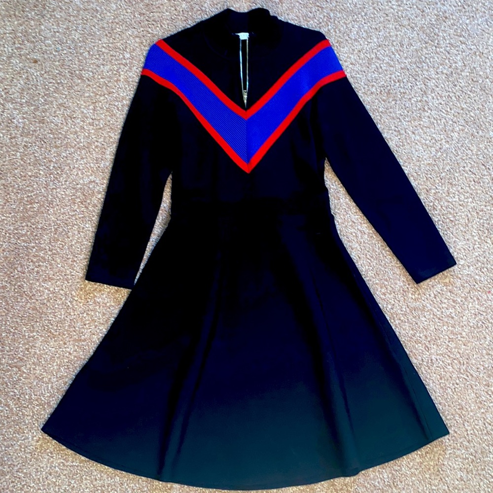 Black Sandro Dress with Blue and Red lines size Small medium length Long sleeve